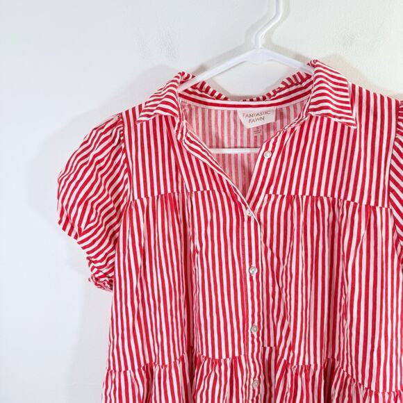 Fantastic Fawn Red White Stripe Sequin Tassel Fringe Shirt Dress Small College - Picture 7 of 14